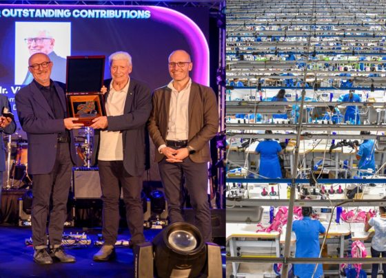 Omegaline Apparel Executives including Dott. Sandro Veronesi, President of Oniverse Holdings, Italy accepting an award on stage on left and Omegaline factory floor on right