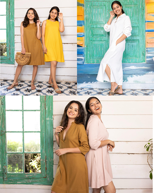 Joey clothing collection for new year - pretty models dresses in auspicious colours of pearl and copper in various poses